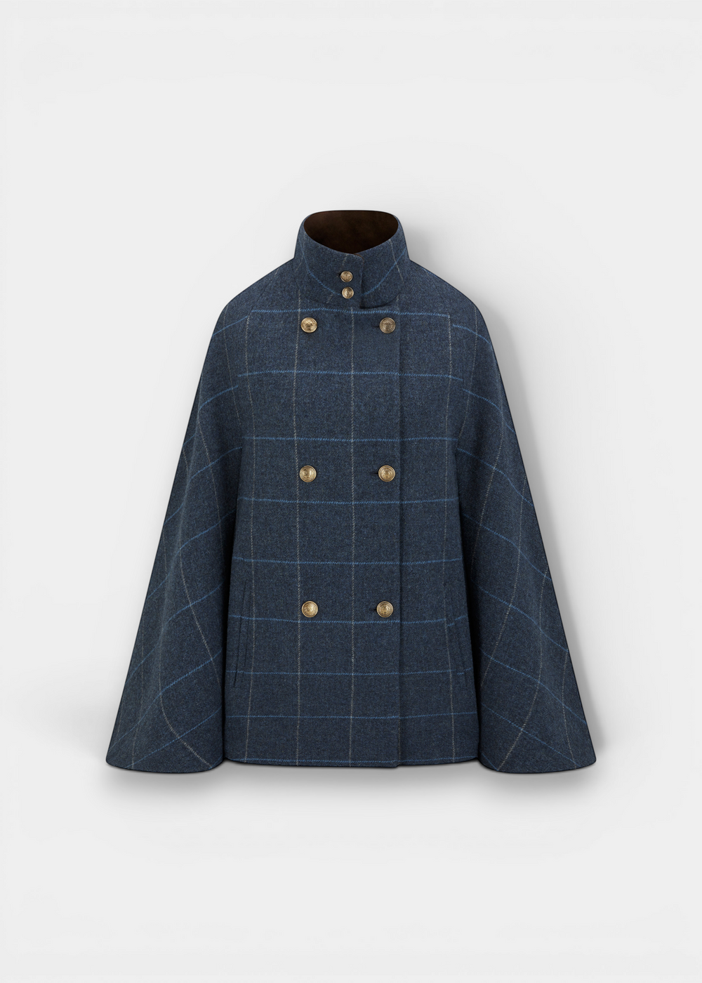 Alan Paine Surrey ladies midnight blue tweed cape with double-breasted buttons and a velvet funnel collar.