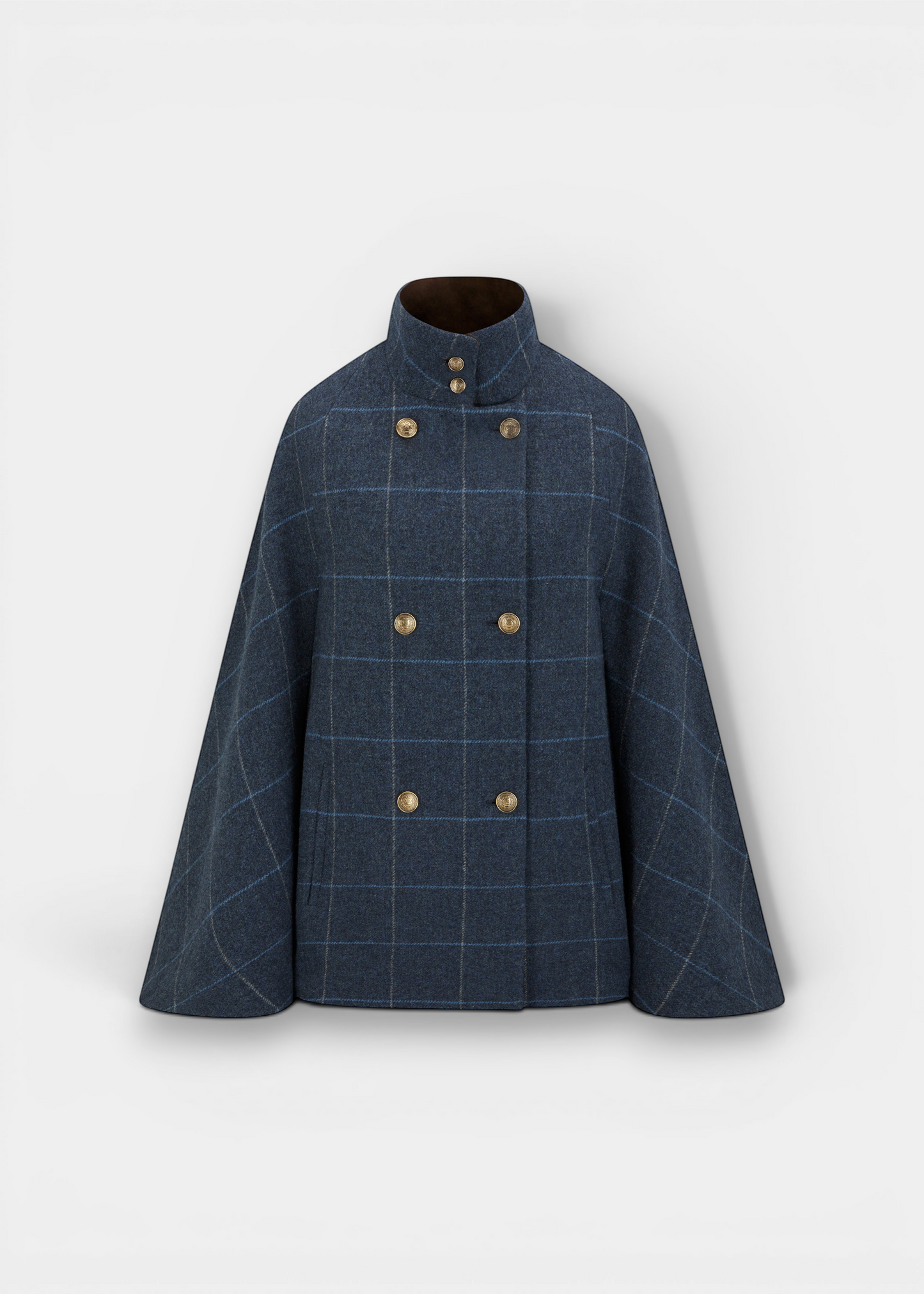 Alan Paine Surrey ladies midnight blue tweed cape with double-breasted buttons and a velvet funnel collar.