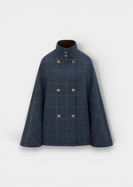 Alan Paine Surrey ladies midnight blue tweed cape with double-breasted buttons and a velvet funnel collar.