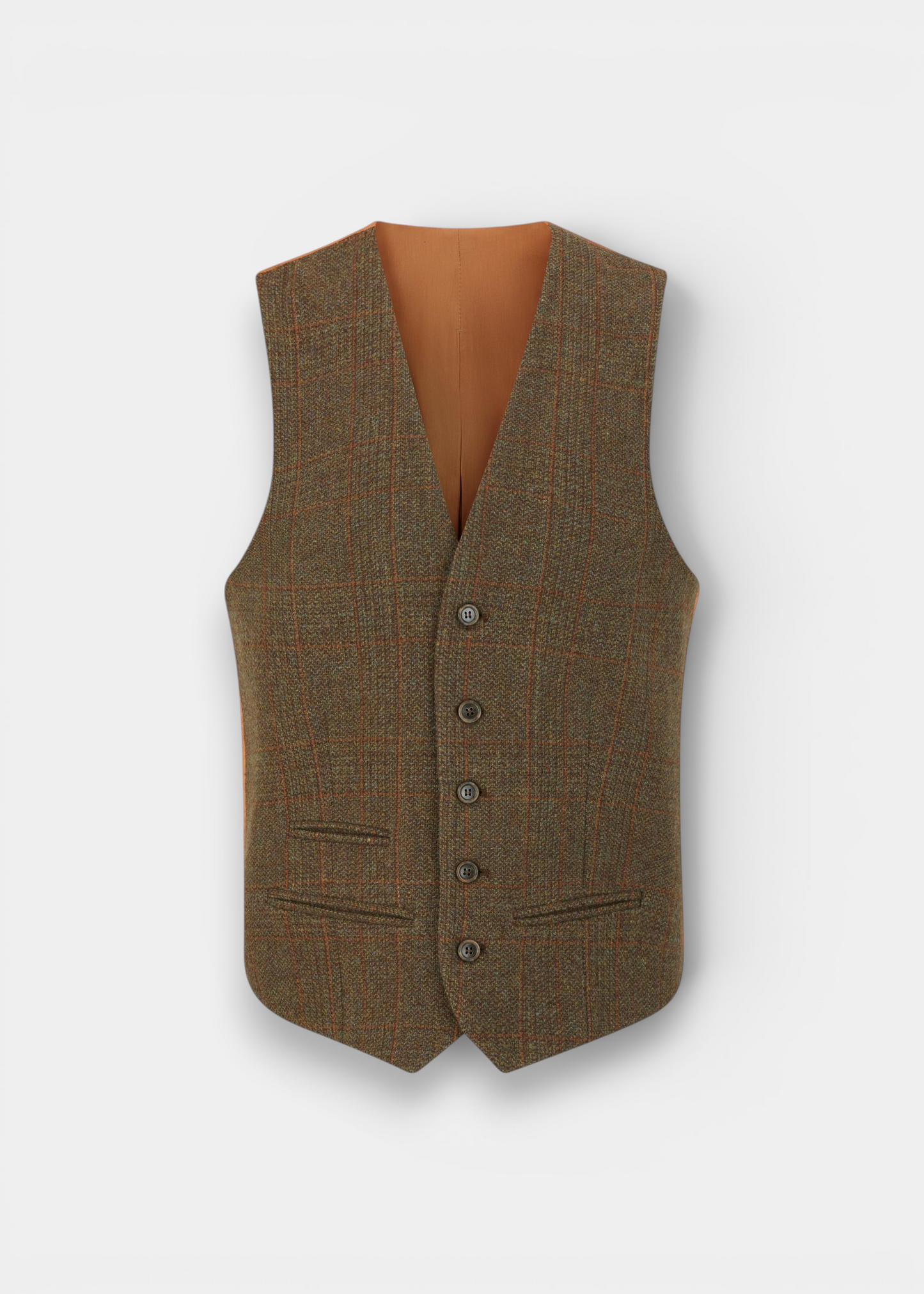 Alan Paine Surrey men's field maple tweed waistcoat in 100% wool with five buttons and three jetted pockets.