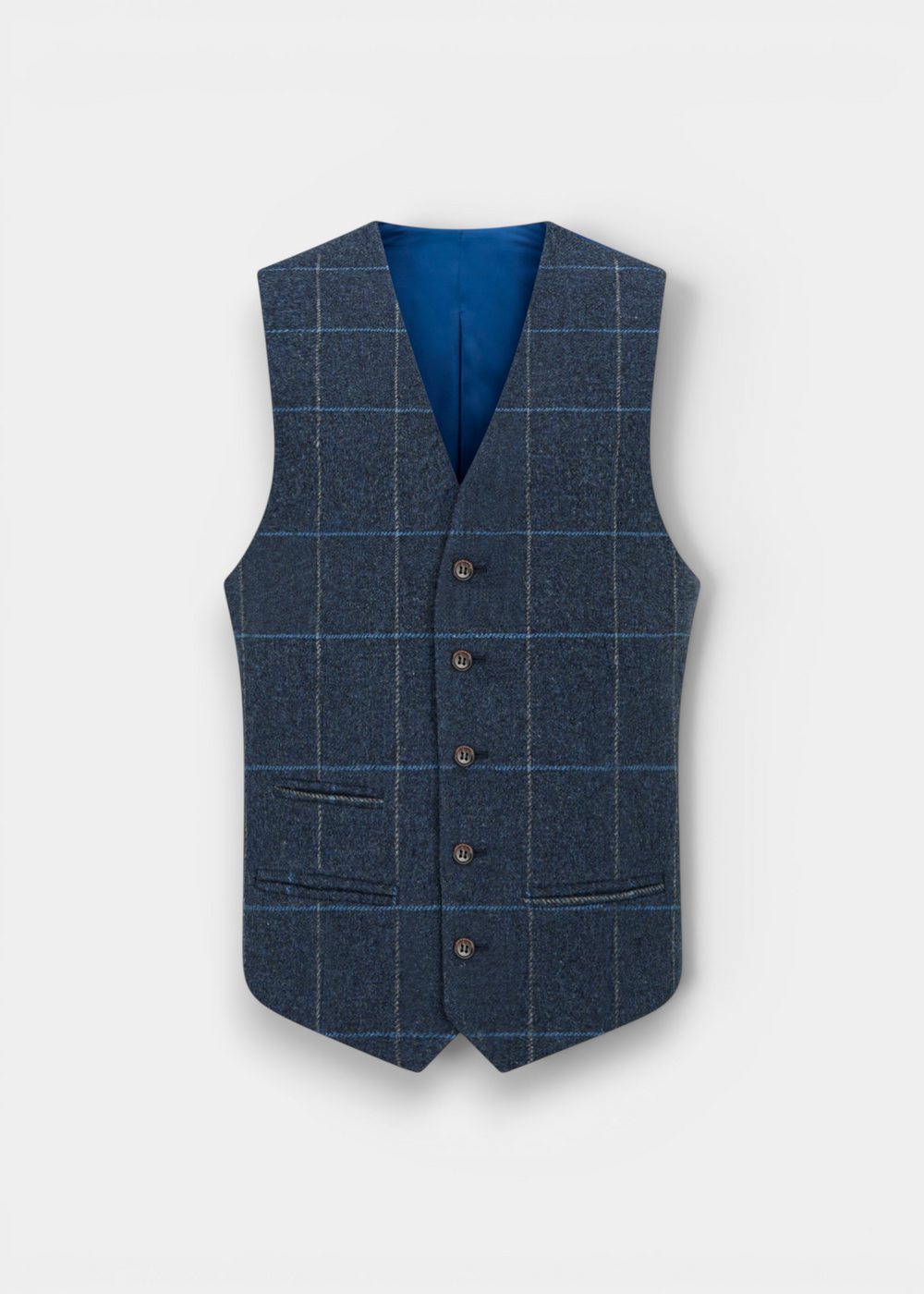 Alan Paine men's midnight blue tweed waistcoat with a check pattern, five-button front, and jetted pockets.