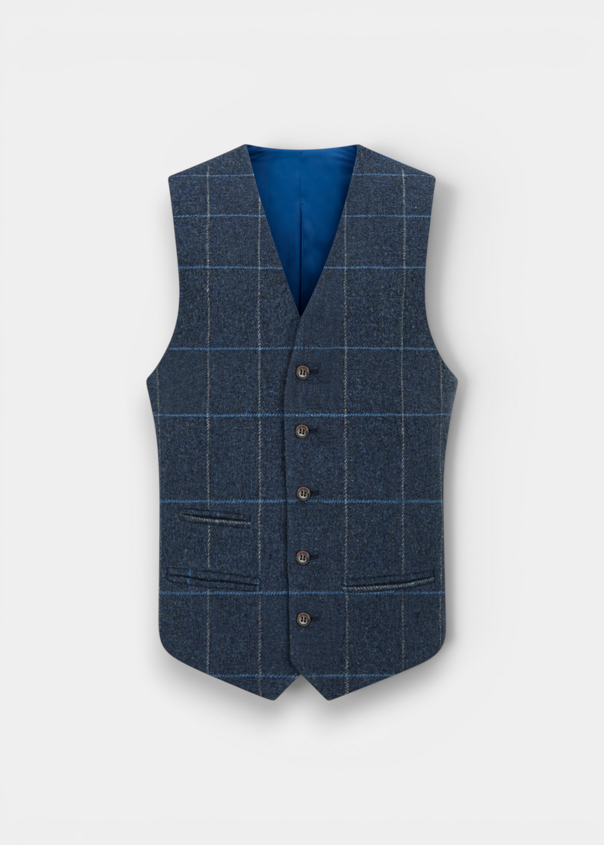 Alan Paine men's midnight blue tweed waistcoat with a check pattern, five-button front, and jetted pockets.
