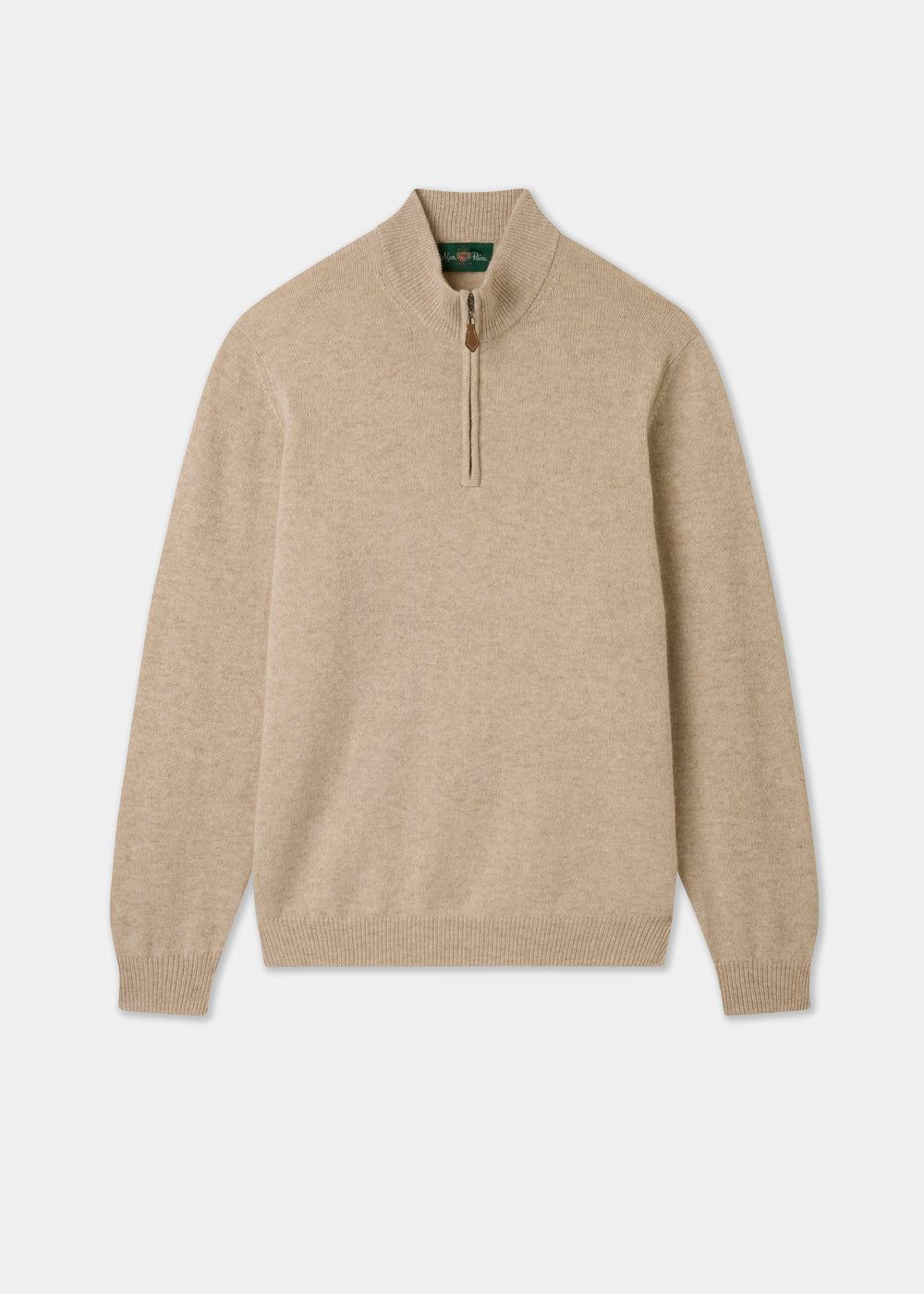 Beige sweater with a quarter zip on a light gray background