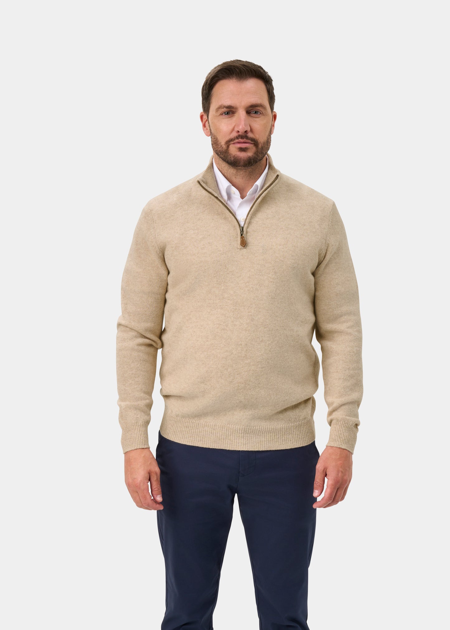 Sutherland Lambswool 1/4 Zip Jumper in Linen - Regular Fit