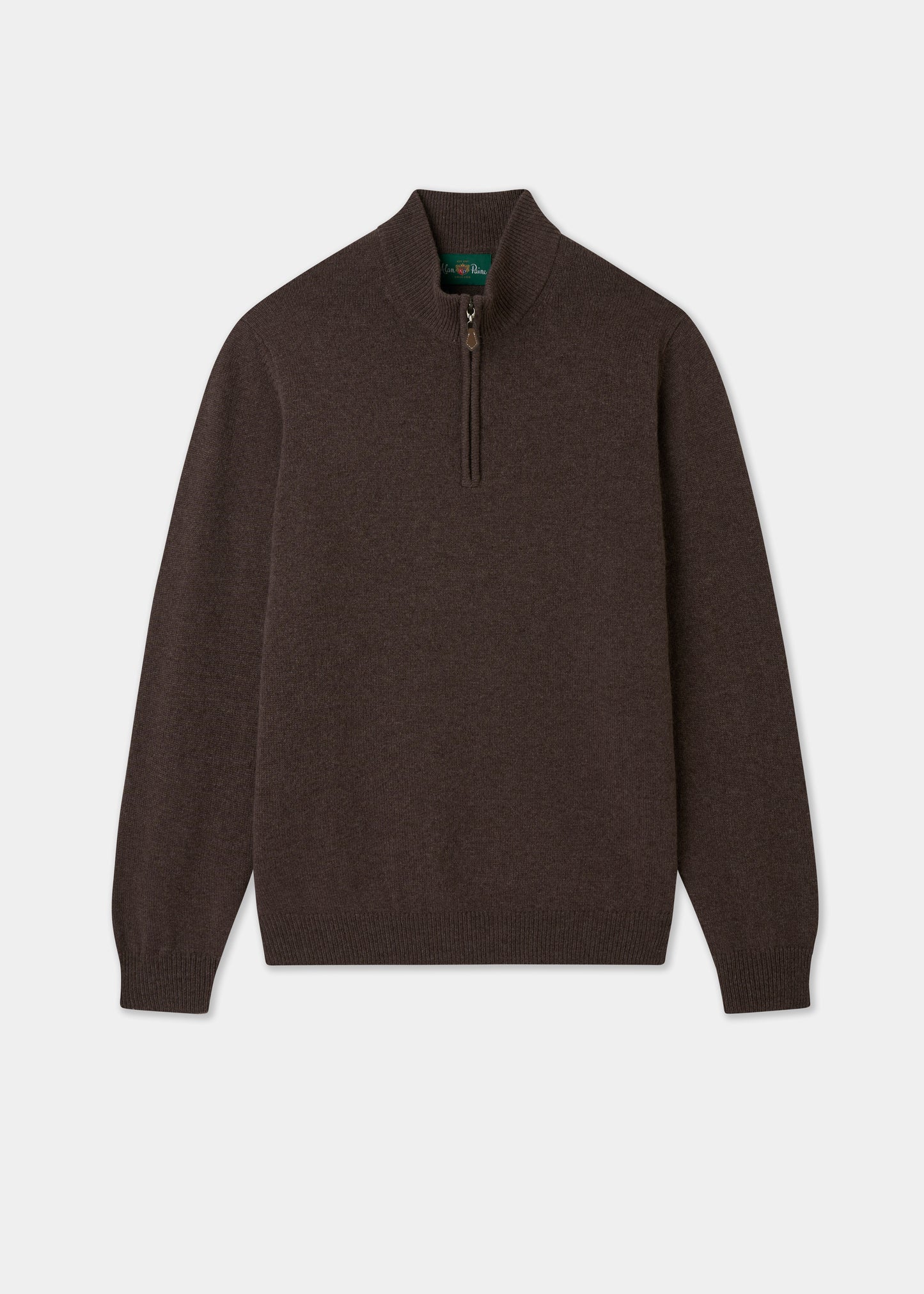 Dark brown quarter-zip jumper on a light grey background