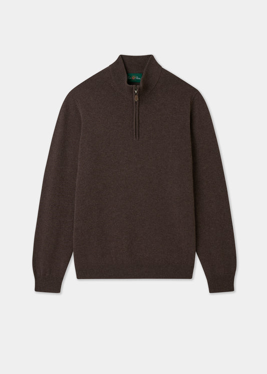 Dark brown quarter-zip jumper on a light grey background
