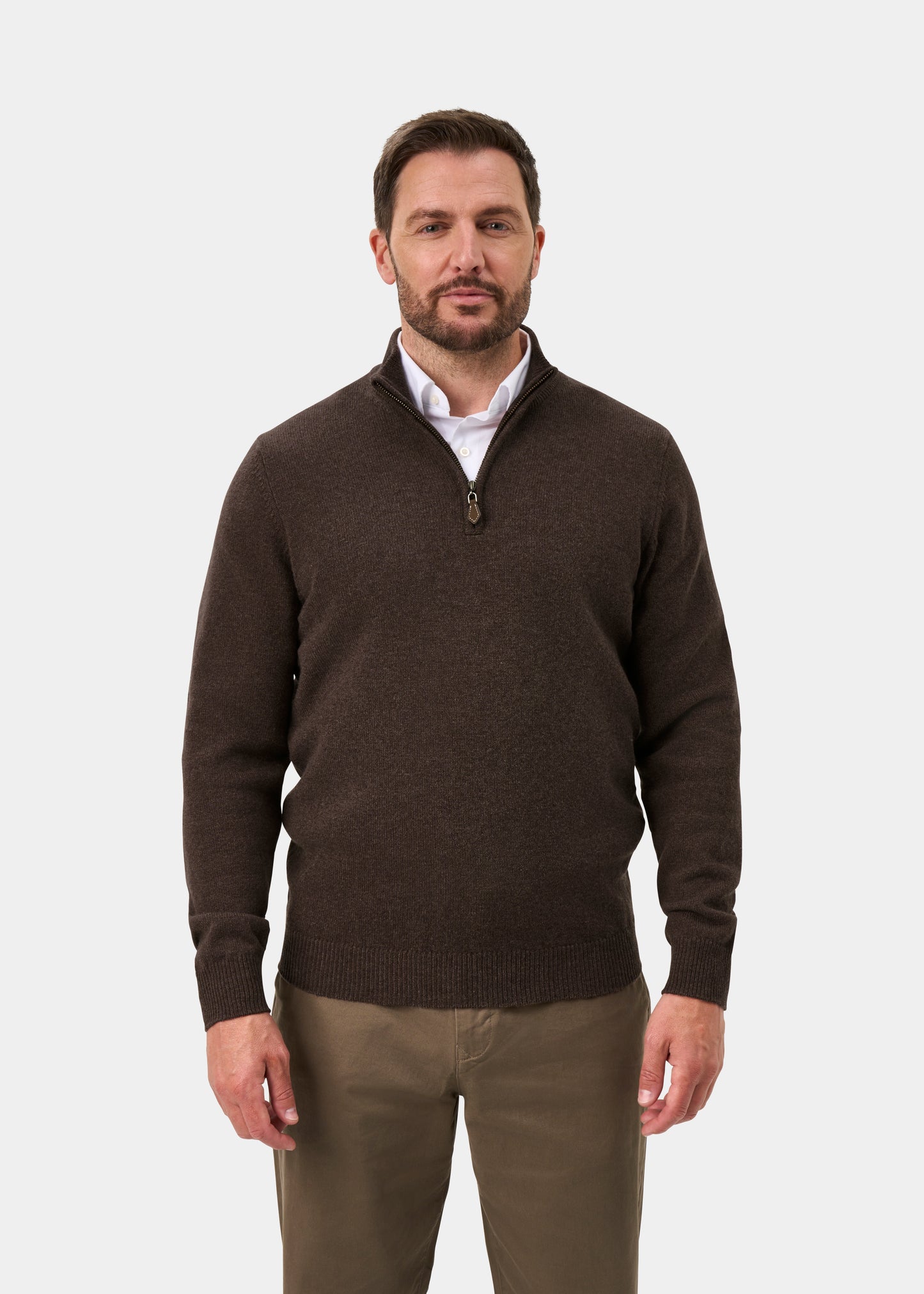 Sutherland Lambswool 1/4 Zip Jumper in Mocha - Regular Fit