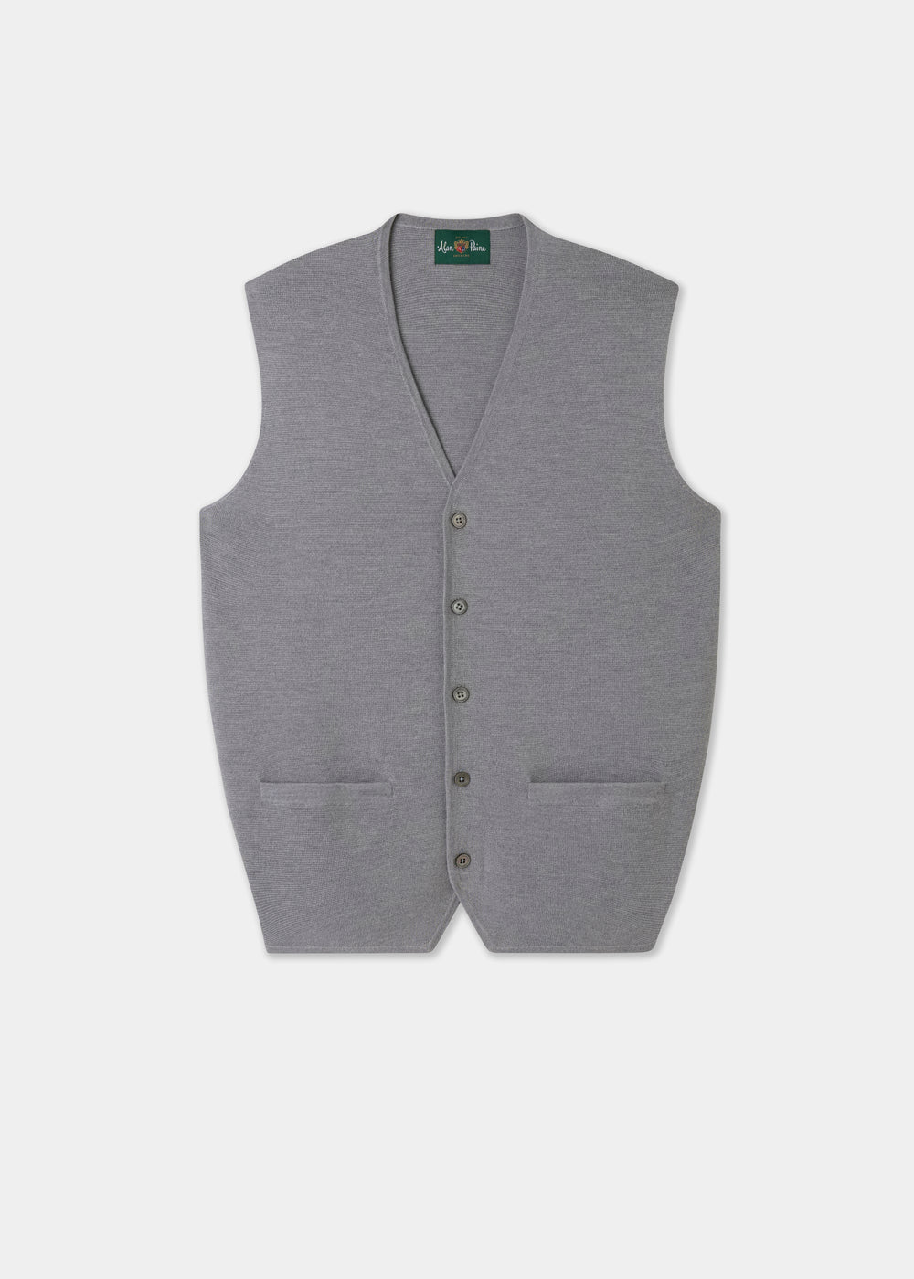 Grey waistcoat with button details on a white background