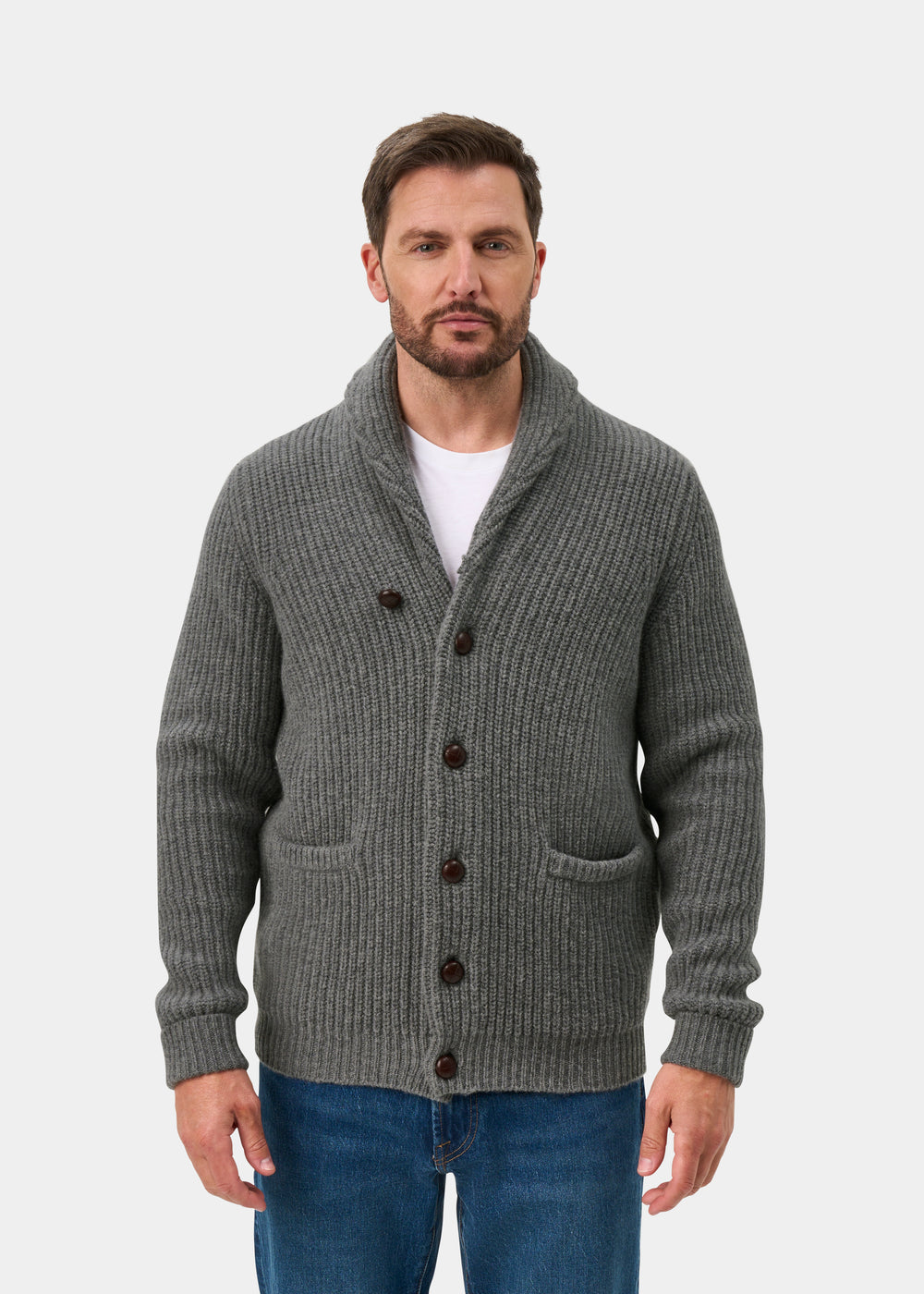 Usworth Men's Shawl Collar Lambswool Jumper In Grey Mix - Regular Fit