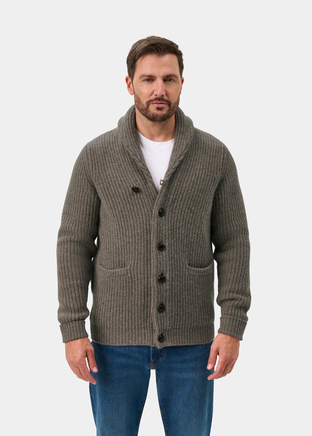 Usworth Men's Shawl Collar Lambswool Jumper In Vole - Regular Fit