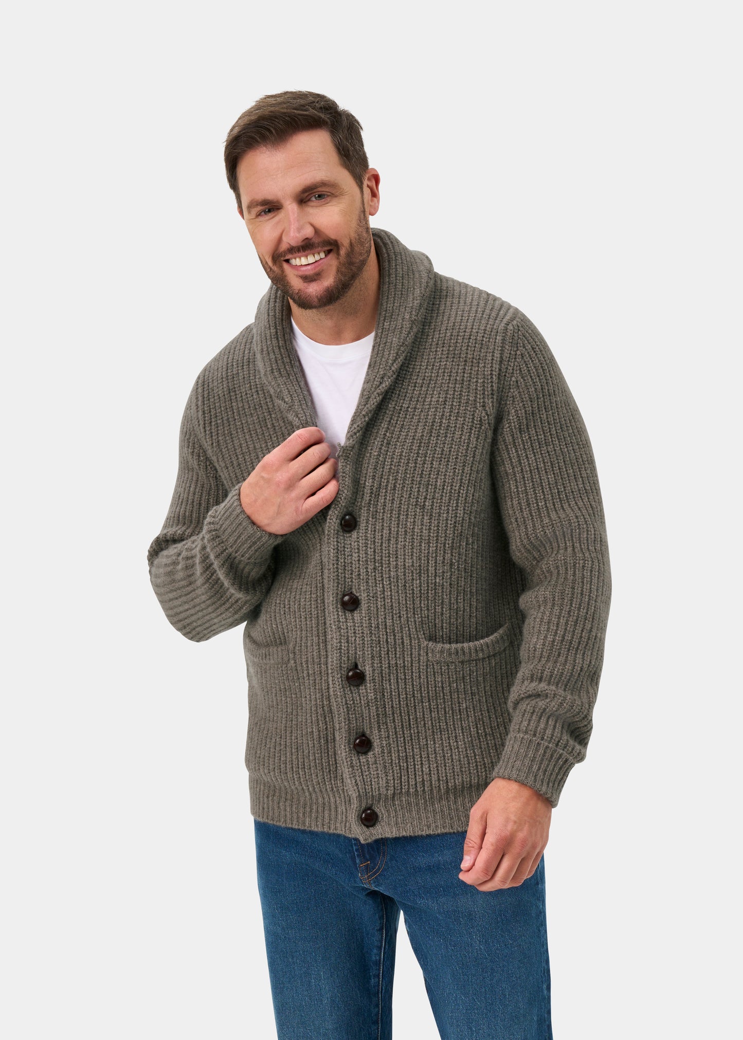 Usworth Men's Shawl Collar Lambswool Jumper In Vole - Regular Fit