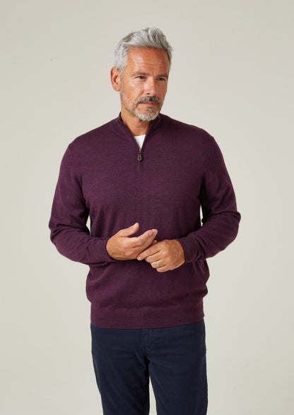 Maglione Barton in lana merino con zip a 1/4 color uva nera - Vestibilità regolare