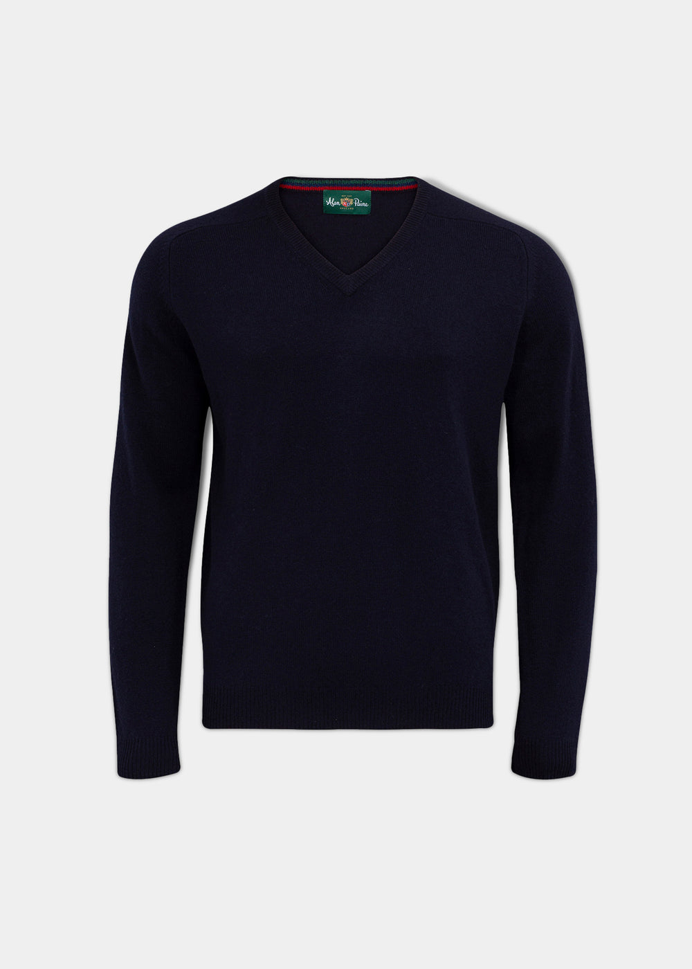 Streetly Lambswool V-Neck Jumper In Navy, a navy blue lambswool V-neck long-sleeve sweater.
